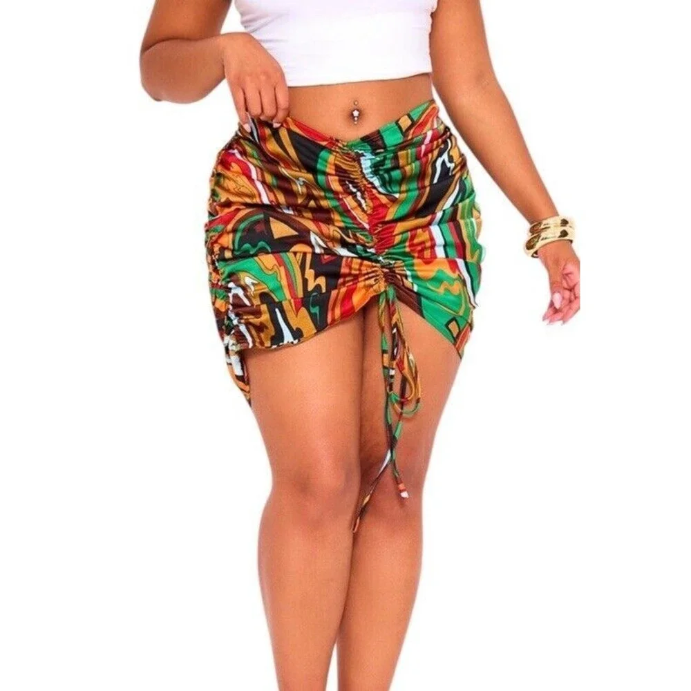 PrettyLittleThing Multi Abstract Print Ruched Front Skirt Women's Size 12 US New